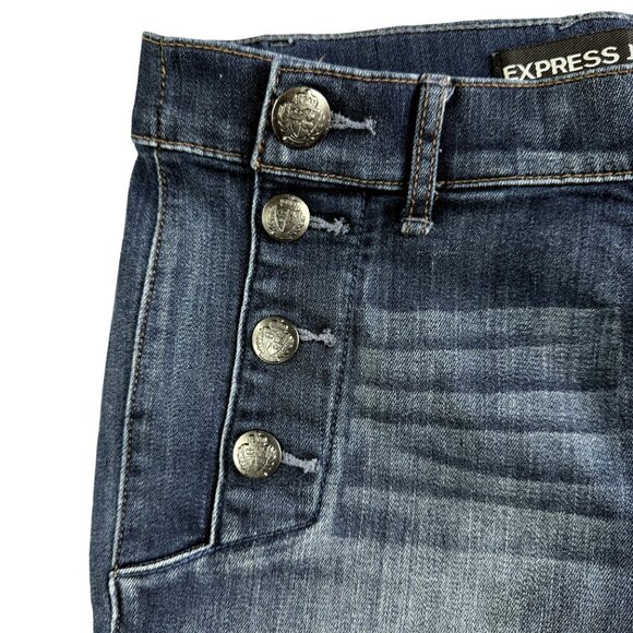 EXPRESS Bell Flare Mid Rise Blue Jeans Size 4 Nautical Button Stretch Denim - Picture 5 of 13